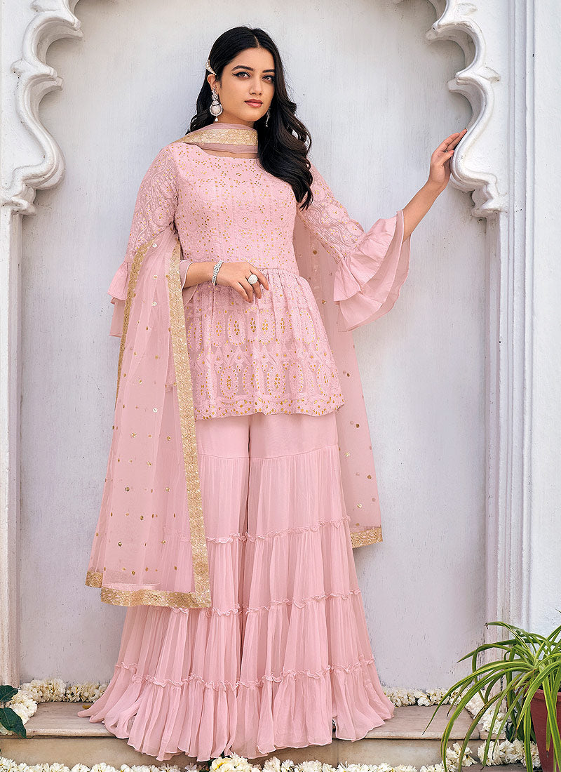 Buy Pink Embroidered Gharara Suit In ...